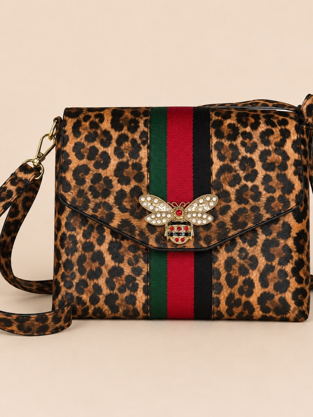 Leopard Print Crossbody with Bee Emblem - Brown